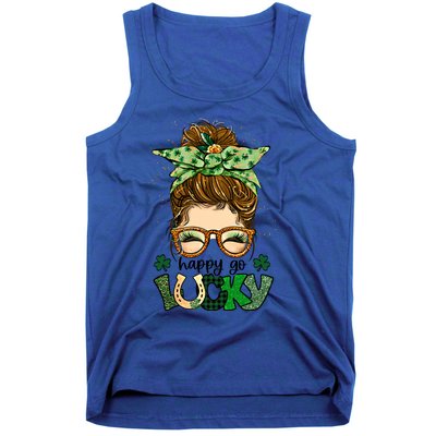 Happy Go Lucky Shamrock Messy Bun St Patrick's Day Gift Tank Top