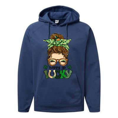 Happy Go Lucky Shamrock Messy Bun St Patrick's Day Gift Performance Fleece Hoodie