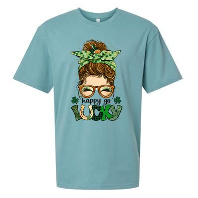 Happy Go Lucky Shamrock Messy Bun St Patrick's Day Gift Sueded Cloud Jersey T-Shirt