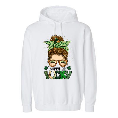 Happy Go Lucky Shamrock Messy Bun St Patrick's Day Gift Garment-Dyed Fleece Hoodie