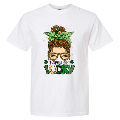 Happy Go Lucky Shamrock Messy Bun St Patrick's Day Gift Garment-Dyed Heavyweight T-Shirt