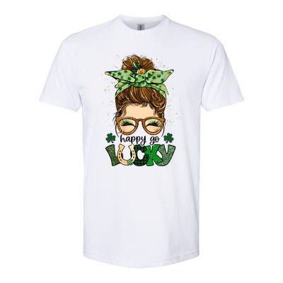 Happy Go Lucky Shamrock Messy Bun St Patrick's Day Gift Softstyle CVC T-Shirt