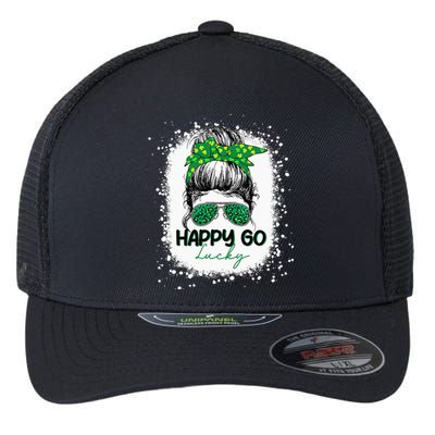 Happy Go Lucky Messy Bun Shamrock St Patrick's Day Flexfit Unipanel Trucker Cap