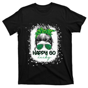 Happy Go Lucky Messy Bun Shamrock St Patrick's Day T-Shirt