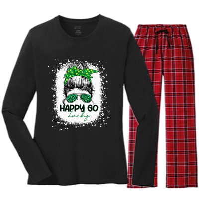 Happy Go Lucky Messy Bun Shamrock St Patrick's Day Women's Long Sleeve Flannel Pajama Set 