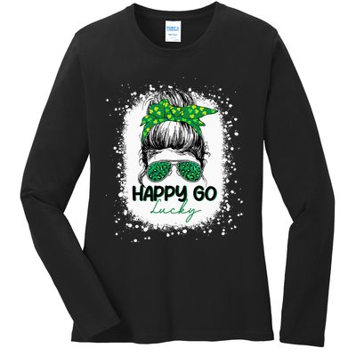 Happy Go Lucky Messy Bun Shamrock St Patrick's Day Ladies Long Sleeve Shirt