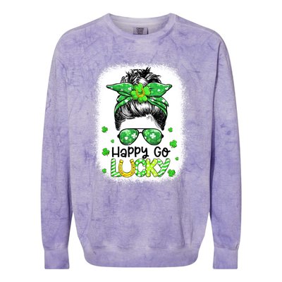 Happy Go Lucky Messy Bun Women Shamrock St Patrick's Day Colorblast Crewneck Sweatshirt