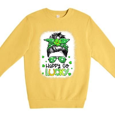 Happy Go Lucky Messy Bun Women Shamrock St Patrick's Day Premium Crewneck Sweatshirt