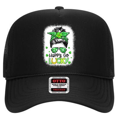 Happy Go Lucky Messy Bun Women Shamrock St Patrick's Day High Crown Mesh Back Trucker Hat