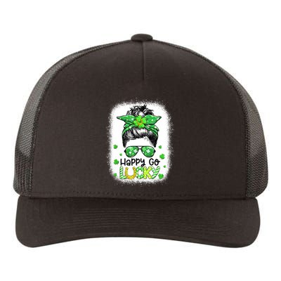 Happy Go Lucky Messy Bun Women Shamrock St Patrick's Day Yupoong Adult 5-Panel Trucker Hat