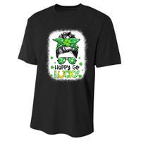 Happy Go Lucky Messy Bun Women Shamrock St Patrick's Day Performance Sprint T-Shirt