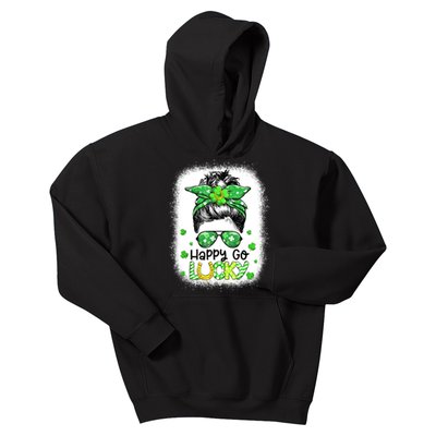 Happy Go Lucky Messy Bun Women Shamrock St Patrick's Day Kids Hoodie