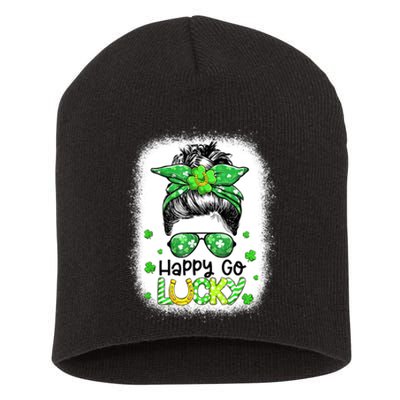 Happy Go Lucky Messy Bun Women Shamrock St Patrick's Day Short Acrylic Beanie