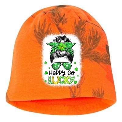 Happy Go Lucky Messy Bun Women Shamrock St Patrick's Day Kati - Camo Knit Beanie