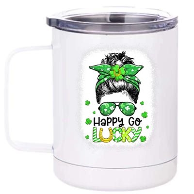 Happy Go Lucky Messy Bun Women Shamrock St Patrick's Day 12 oz Stainless Steel Tumbler Cup