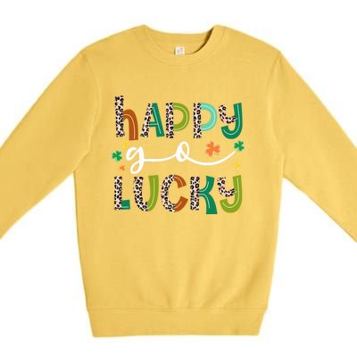 Happy Go Lucky St Patricks Day Leopard Lucky Clover Shamrock Cool Gift Premium Crewneck Sweatshirt