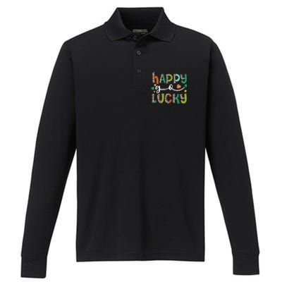 Happy Go Lucky St Patricks Day Leopard Lucky Clover Shamrock Cool Gift Performance Long Sleeve Polo