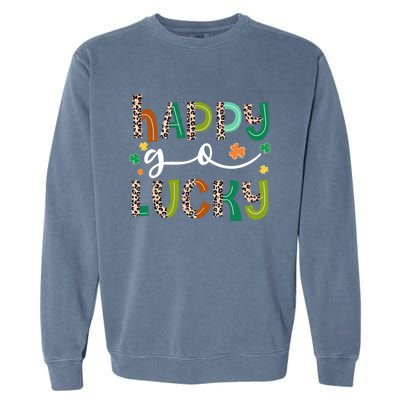 Happy Go Lucky St Patricks Day Leopard Lucky Clover Shamrock Cool Gift Garment-Dyed Sweatshirt