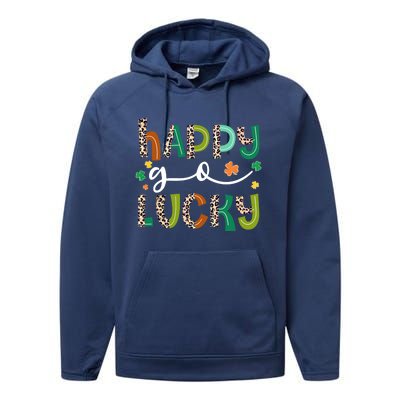 Happy Go Lucky St Patricks Day Leopard Lucky Clover Shamrock Cool Gift Performance Fleece Hoodie