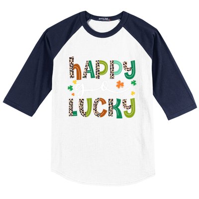 Happy Go Lucky St Patricks Day Leopard Lucky Clover Shamrock Cool Gift Baseball Sleeve Shirt