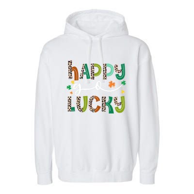 Happy Go Lucky St Patricks Day Leopard Lucky Clover Shamrock Cool Gift Garment-Dyed Fleece Hoodie