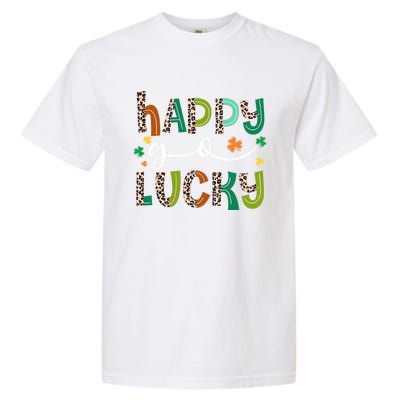 Happy Go Lucky St Patricks Day Leopard Lucky Clover Shamrock Cool Gift Garment-Dyed Heavyweight T-Shirt