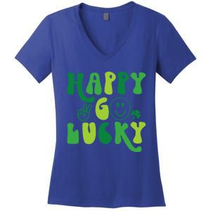 Happy Go Lucky St Patricks Day Smile Lucky Clover Shamrock Meaningful Gift Women's V-Neck T-Shirt