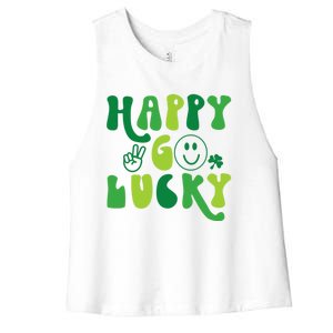 Happy Go Lucky St Patricks Day Smile Lucky Clover Shamrock Meaningful Gift Women's Racerback Cropped Tank