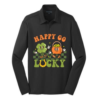 Happy Go Lucky St Patrick's Day Retro Groovy Shamrock Irish Great Gift Silk Touch Performance Long Sleeve Polo