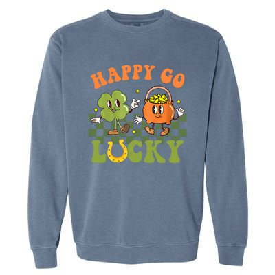 Happy Go Lucky St Patrick's Day Retro Groovy Shamrock Irish Great Gift Garment-Dyed Sweatshirt