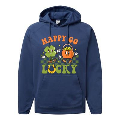 Happy Go Lucky St Patrick's Day Retro Groovy Shamrock Irish Great Gift Performance Fleece Hoodie