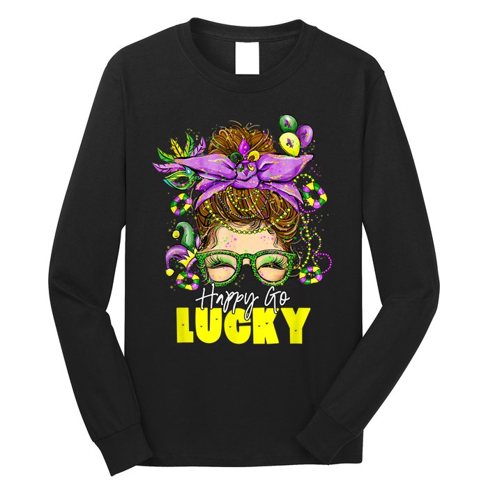 Happy Go Lucky Messy Bun Shamrock St Patrick's Day Long Sleeve Shirt