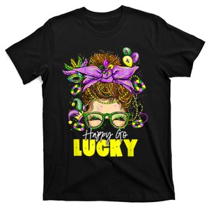 Happy Go Lucky Messy Bun Shamrock St Patrick's Day T-Shirt