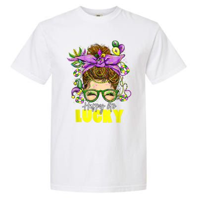 Happy Go Lucky Messy Bun Shamrock St Patrick's Day Garment-Dyed Heavyweight T-Shirt