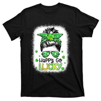 Happy Go Lucky Messy Bun Women Shamrock St Patrick's Day T-Shirt