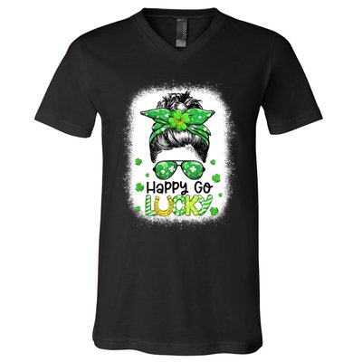 Happy Go Lucky Messy Bun Women Shamrock St Patrick's Day V-Neck T-Shirt