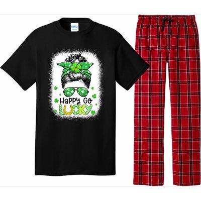 Happy Go Lucky Messy Bun Women Shamrock St Patrick's Day Pajama Set