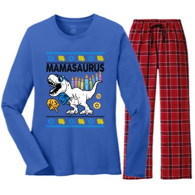 Hanukkahcute Gift Mom Mamasaurus Chanukah Dinosaur Funny Great Gift Women's Long Sleeve Flannel Pajama Set 