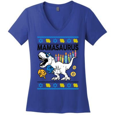 Hanukkahcute Gift Mom Mamasaurus Chanukah Dinosaur Funny Great Gift Women's V-Neck T-Shirt