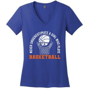 Hoops Girls Never Underestimate A Girl Who Plays Basketball Women's V-Neck T-Shirt