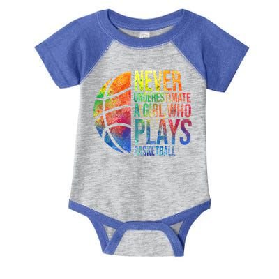 Hoops Girls Never Underestimate A Girl Who Plays Basketball Gift Infant Baby Jersey Bodysuit