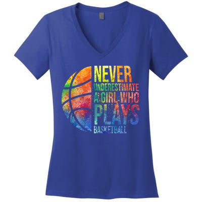 Hoops Girls Never Underestimate A Girl Who Plays Basketball Gift Women's V-Neck T-Shirt