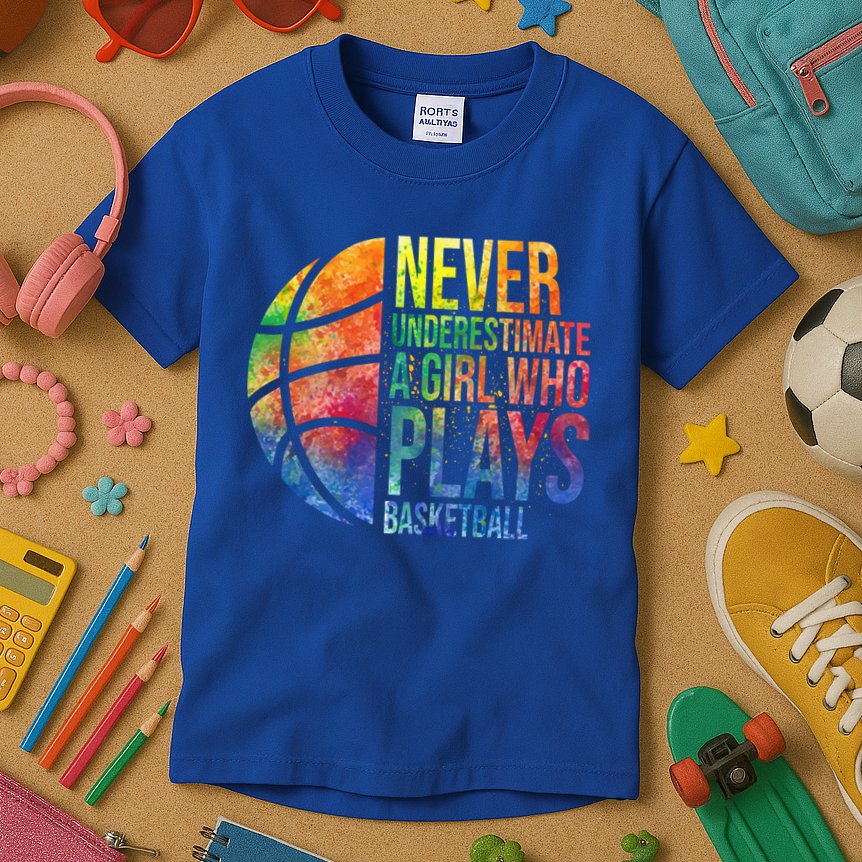 Hoops Girls Never Underestimate A Girl Who Plays Basketball Gift Kids T-Shirt