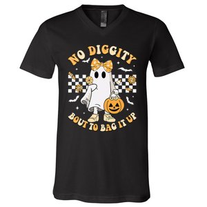 Halloween Ghost No Diggity Bout To Bag It Up V-Neck T-Shirt