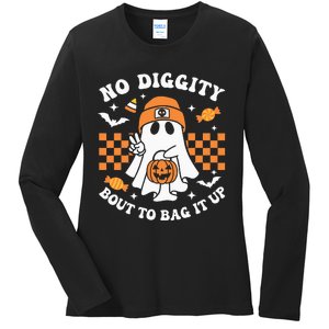 Halloween Ghost No Diggity Bout To Bag It Up Ladies Long Sleeve Shirt