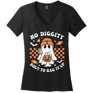 Halloween Ghost No Diggity Bout To Bag It Up Women's V-Neck T-Shirt