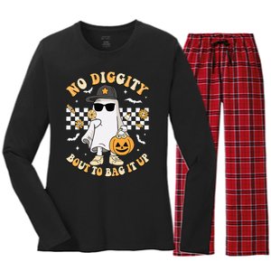 Halloween Ghost No Diggity Bout To Bag It Up Women's Long Sleeve Flannel Pajama Set 