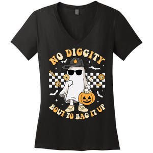 Halloween Ghost No Diggity Bout To Bag It Up Women's V-Neck T-Shirt