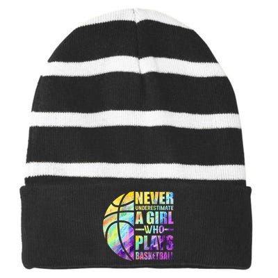 Hoops Girls Never Underestimate A Girl Who Plays Basketball Striped Beanie with Solid Band