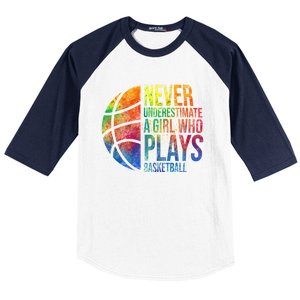 Hoops Girl Never Underestimate A Girl Who Plays Basketball Baseball Sleeve Shirt